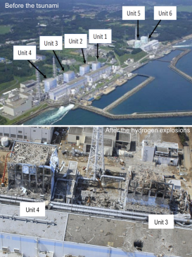 Figure 3 :The location and condition of reactors before and after the hydrogen explosion at Fukushima Daiichi (James Conca, 2016).